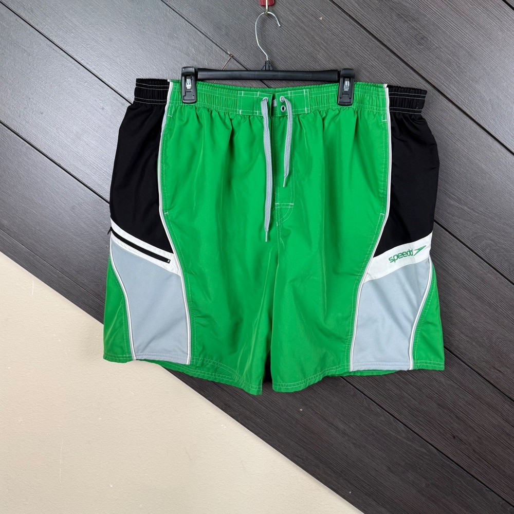 Speedo Men's 2XL Green Black Colorblock Swim Trunks Board Shorts Mesh Lined